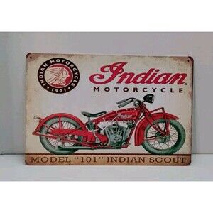 Tin Sign-Indian Motorcycle Model 101 Scout- Reproduction- Retro-Vintage Style